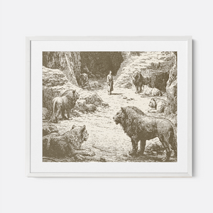 Daniel In The Lions Den - Framed Glass Print