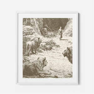 Daniel In The Lions Den - Framed Glass Print