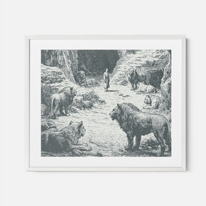 Daniel In The Lions Den - Framed Glass Print