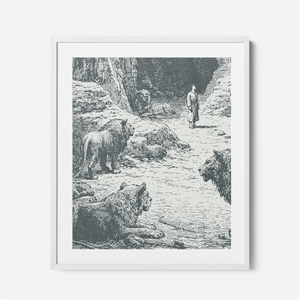 Daniel In The Lions Den - Framed Glass Print