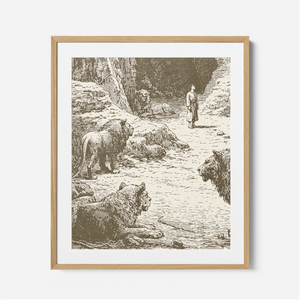 Daniel In The Lions Den - Framed Glass Print