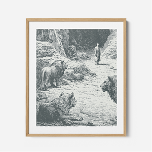 Daniel In The Lions Den - Framed Glass Print