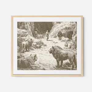 Daniel In The Lions Den - Framed Glass Print