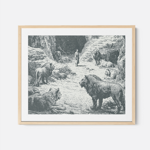 Daniel In The Lions Den - Framed Glass Print