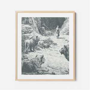 Daniel In The Lions Den - Framed Glass Print