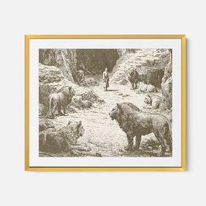 Daniel In The Lions Den - Framed Glass Print