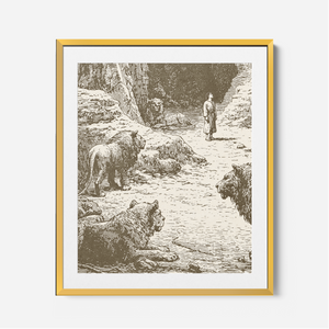 Daniel In The Lions Den - Framed Glass Print