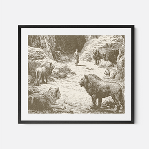 Daniel In The Lions Den - Framed Glass Print