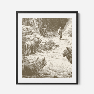 Daniel In The Lions Den - Framed Glass Print
