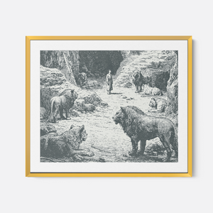 Daniel In The Lions Den - Framed Glass Print