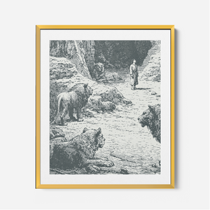 Daniel In The Lions Den - Framed Glass Print