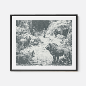Daniel In The Lions Den - Framed Glass Print