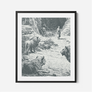 Daniel In The Lions Den - Framed Glass Print